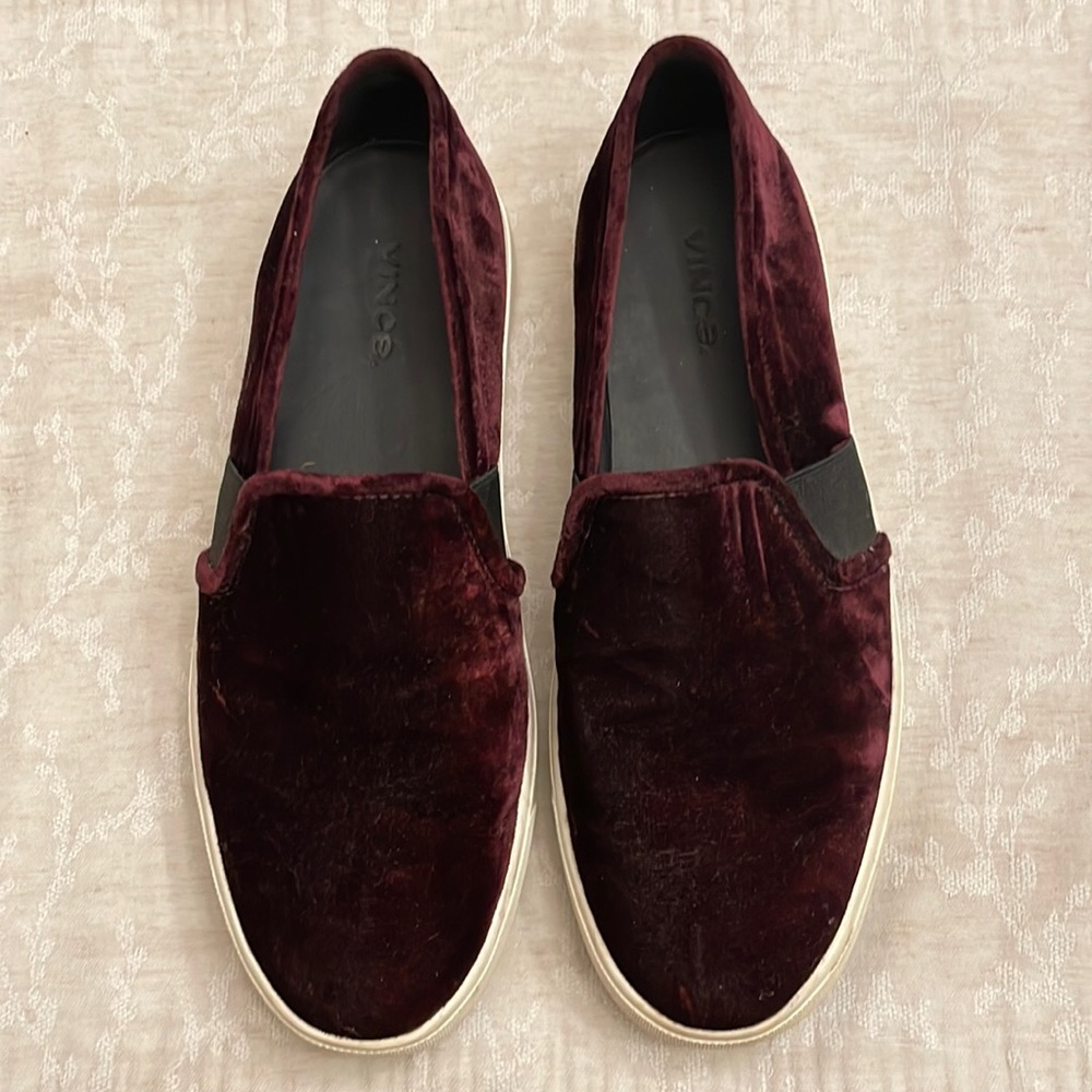 Vince burgundy velvet slip on sneaker size 7 1/2.